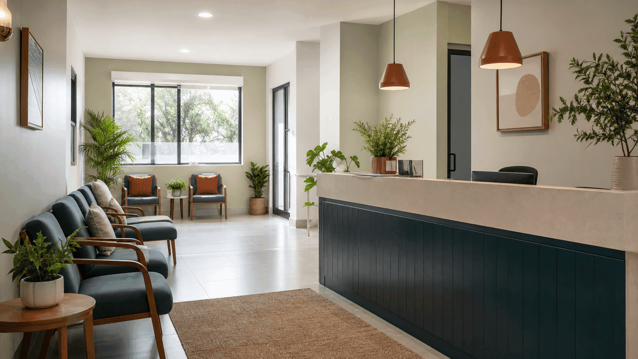 A warm, generic medical reception interior used as a welcoming visual